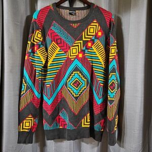 Empyre Mens Geometric Aztec Knit Sweater Medium Grey Red Teal Crewneck‎